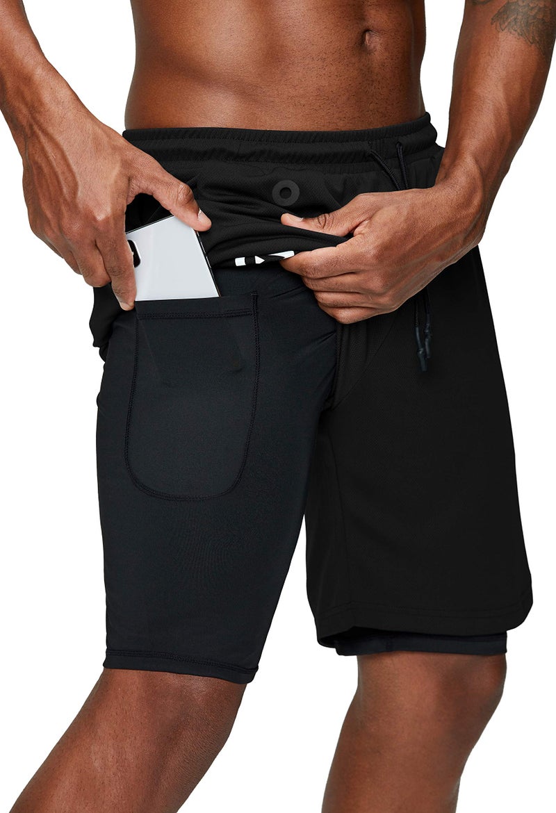 Pinkbomb Men's 2 in 1 Running Shorts Gym Workout Quick Dry Mens Shorts with Phone Pocket (Black, Medium) - Image 1
